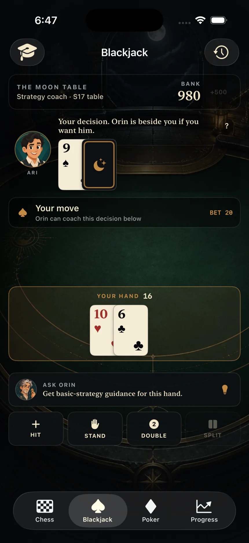 A live Blackjack strategy decision with hard 16 against dealer 9